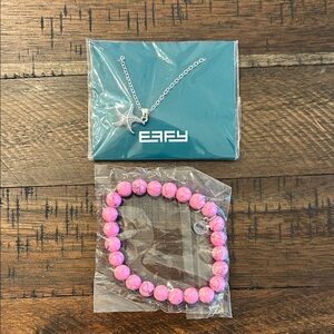 Pink Beaded Bracelet and Silver Necklace Set